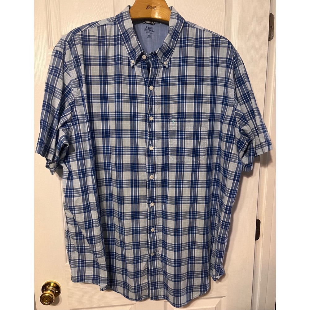 IZOD Saltwater Relaxed Classics Mens‎ 3XLT Blue White Plaid Short Sleeve Shirt